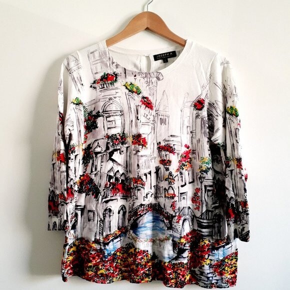 Joseph A. European City Scene Soft Stretchy White Sweater Large - Picture 1 of 9